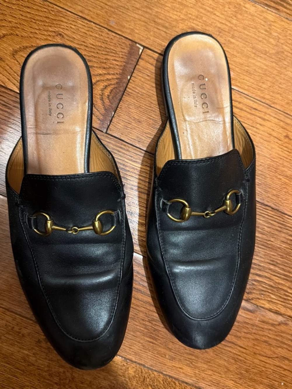 Gucci Black Leather Horsebit Backless Mules with Gold Hardware